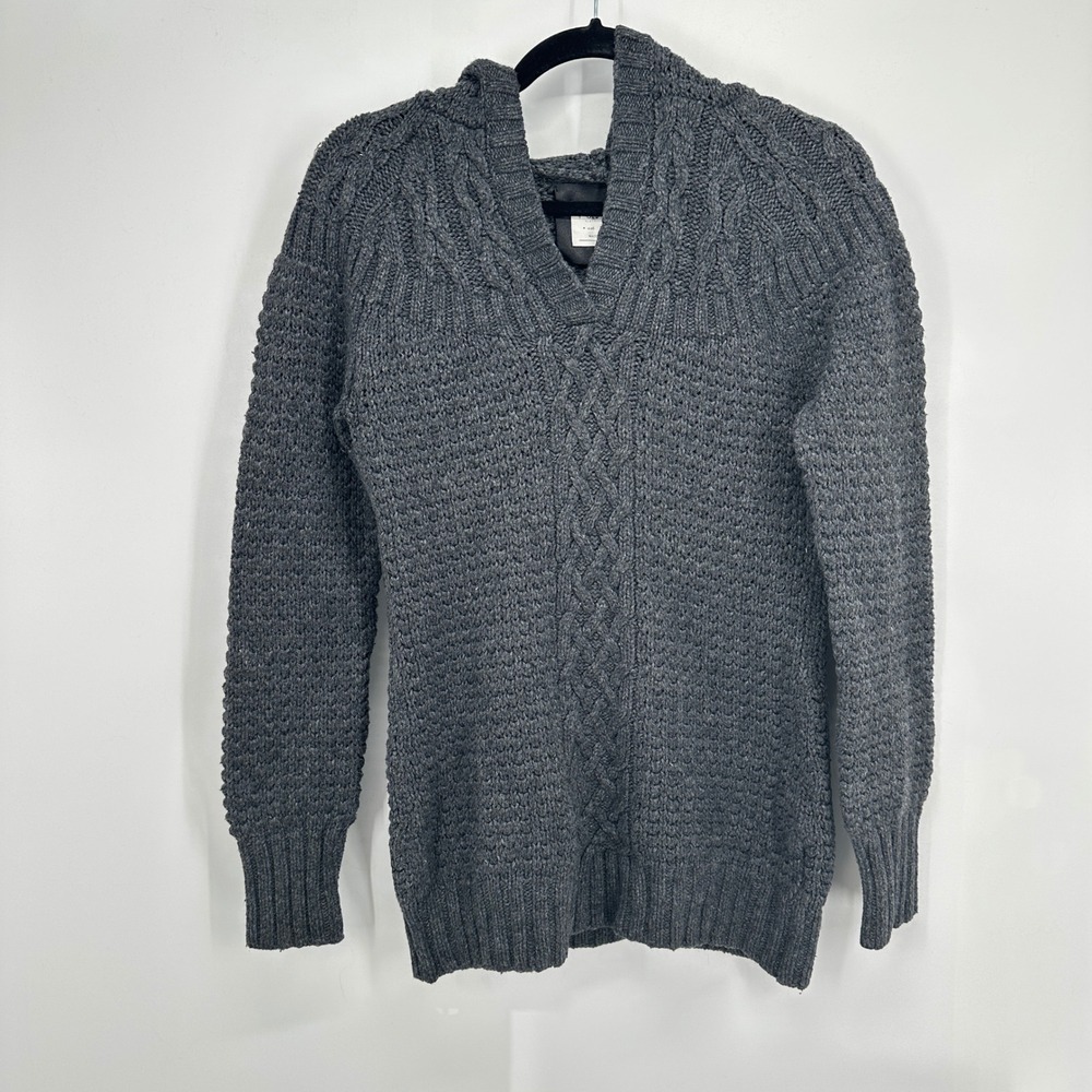 Old Navy Women's Cable Knit Shawl Collar‎ Sweater L Charcoal Gray Wool Blend Y2K